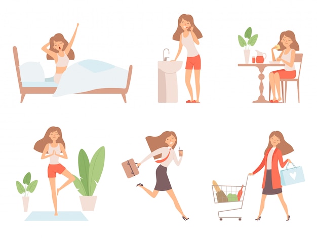 Mujer rutina diaria. Negocios dama tiempo gestión vida todos los días proceso trabajo madre personajes de dibujos animados