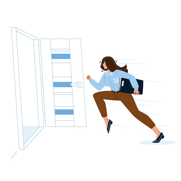 Mujer saliendo de la habitación, corriendo para abrir la puerta vector. carpeta de explotación joven empresaria con documentos de emergencia dejando la oficina. ilustración de dibujos animados planos de escape y evacuación de personajes