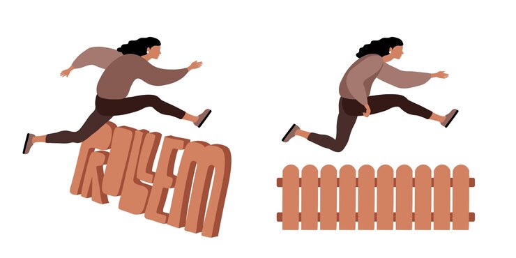 Vector una mujer salta sobre el problema el concepto de superar las dificultades de la vida llegar tarde al trabajo