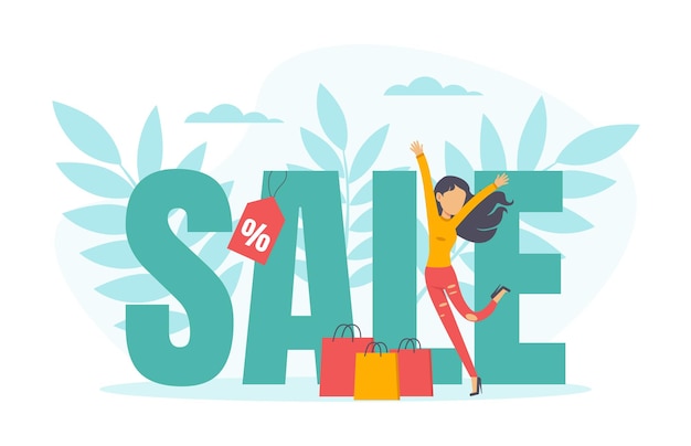 Mujer saltando de alegría por el gran descuento y la ilustración vectorial de ventas
