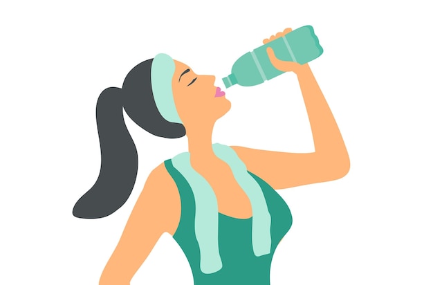Mujer sana bebiendo agua de la ilustración de vector de botella de plástico Concepto de estilo de vida saludable