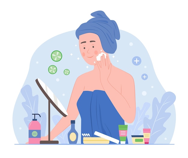 Una mujer sana limpiándose la cara para un tratamiento de belleza de la piel Ilustración conceptual