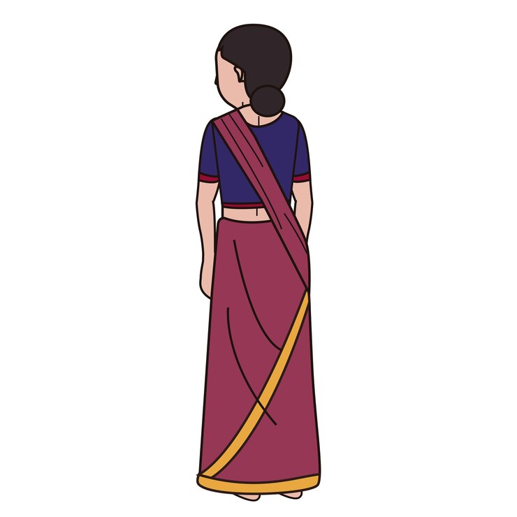 Vector una mujer con un sari morado se para frente a un fondo blanco.