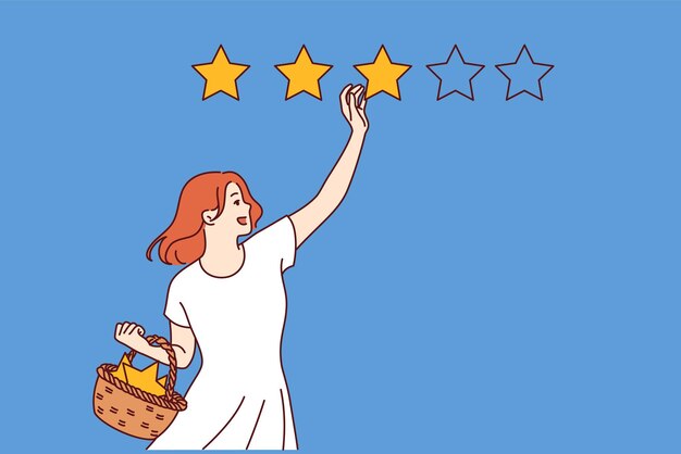 Una mujer satisfecha da una calificación de tres estrellas dejando comentarios positivos después de usar los servicios