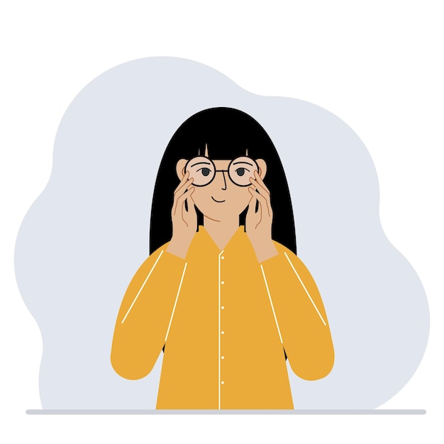 Mujer satisfecha con gafas. Concepto de problema de visión. Ilustración plana vectorial