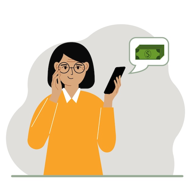 Una mujer satisfecha sostiene un teléfono al que ha llegado un mensaje sobre el dinero El concepto de generación de ingresos de ganancias en línea