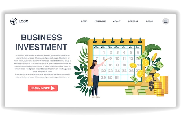 Una mujer señala la página del sitio web del calendario Inversión empresarial Concepto de diseño plano moderno de diseño de páginas web para sitios web y sitios web móviles