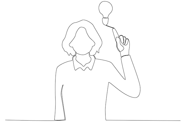 Una mujer señalando la lámpara para expresar una idea de arte de una línea