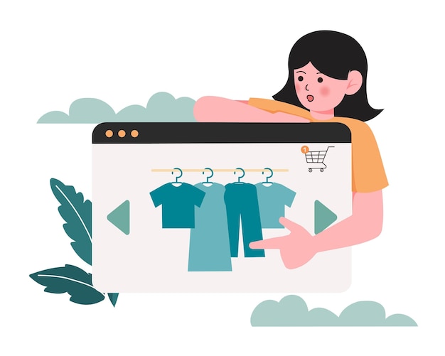 mujer señalando a la pantalla para comprar en la tienda en línea compras en línea concepto compras modernas remotas utilizando tecnología desde cualquier lugar ilustración vectorial