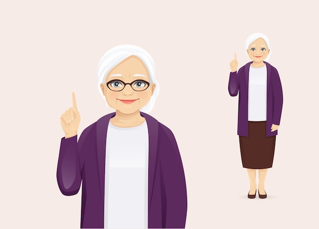 Mujer senior madura en ropa casual apuntando hacia arriba con ilustración de vector de idea