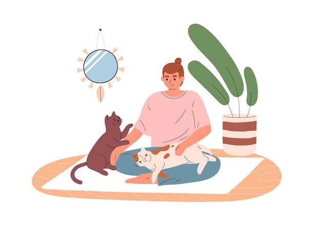 Mujer sentada en una alfombra de yoga con lindos gatos en casa. las personas felices entrenan con mascotas. gatitos femeninos y divertidos entrenando y relajándose en el interior. ilustración de vector plano aislado sobre fondo blanco