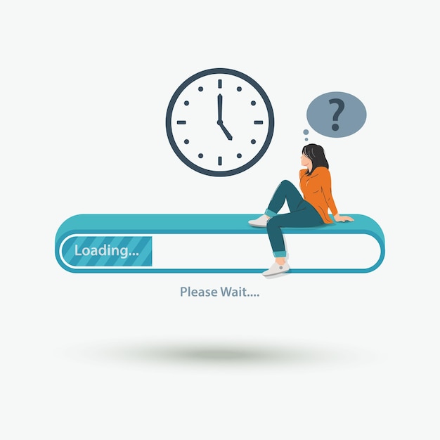 Mujer sentada en la barra de carga con reloj de pared Esperando la ilustración de vector de concepto de proceso de archivo de carga