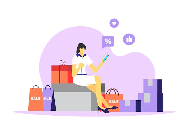 Una mujer sentada en una caja de regalo usó el teléfono para comprar en línea y bolsas de compras a su alrededor