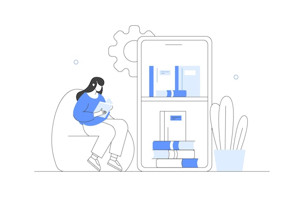 Mujer sentada en casa y leyendo un libro en la biblioteca en línea en su teléfono inteligente Estudiante con el libro abierto