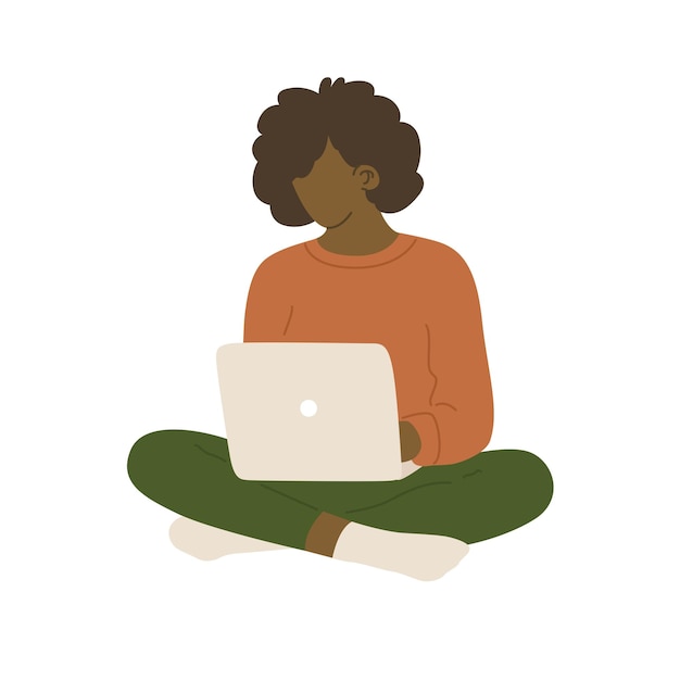 Mujer sentada con una computadora portátil en posición de loto Freelancer trabajando desde casa Trabajo o estudio remoto Ilustración vectorial aislada sobre un fondo transparente