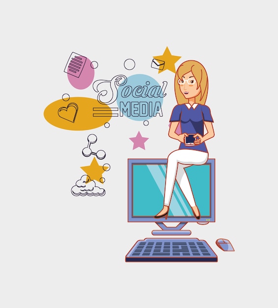 mujer sentada en la computadora con teléfono redes sociales