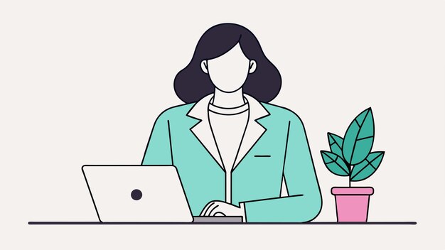 una mujer sentada en un escritorio con una computadora portátil y una planta en el fondo
