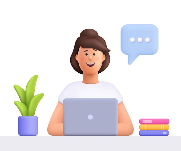 mujer sentada en un escritorio y trabajando en una computadora 3D personas vectoriales personaje estilo minimalista de dibujos animados