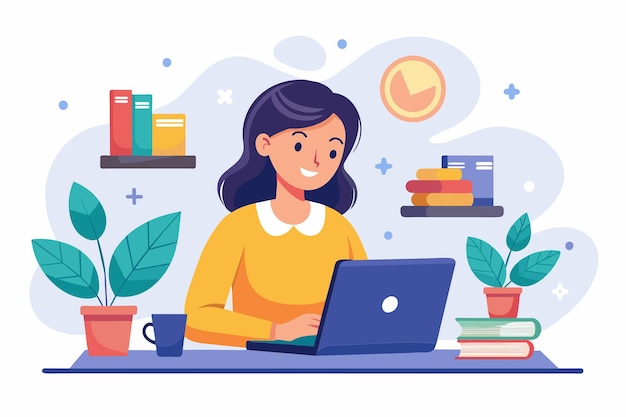 Una mujer sentada en un escritorio usando una computadora portátil para el aprendizaje en línea o el trabajo Una mujer pequeña aprendiendo una lección en línea a través de una laptop Ilustración vectorial plana simple y minimalista