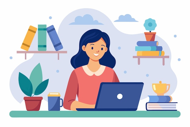Una mujer sentada en un escritorio usando una computadora portátil para estudiar o trabajar un hombre estudiando con una computadora portable Educación en línea Ilustración vectorial plana simple y minimalista