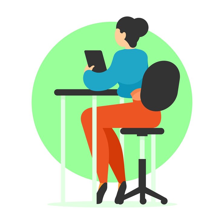Vector una mujer sentada en el escritorio y usando una tableta ilustración de vector de estilo plano
