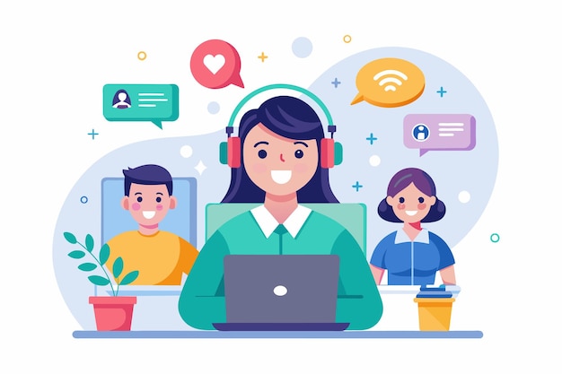 Una mujer sentada frente a una computadora portátil centrada en su trabajo o estudios Concepto de servicio al cliente del centro de apoyo Ilustración vectorial plana simple y minimalista