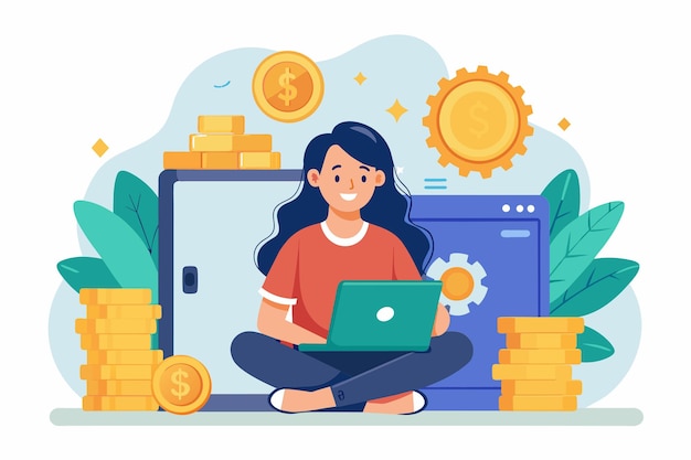 Vector una mujer sentada frente a una computadora portátil rodeada de pilas de monedas trabajando en asuntos financieros mujer sentada en una caja fuerte con monedas y portátil ilustración vectorial plana simple y minimalista