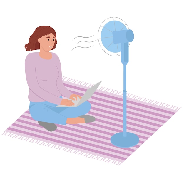 La mujer está sentada frente a un ventilador disfrutando de una refrescante corriente de aire cuando hace calor flat vector