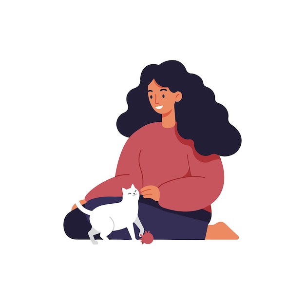 Mujer sentada con un gato lúdico en un acogedor diseño plano de arte vectorial