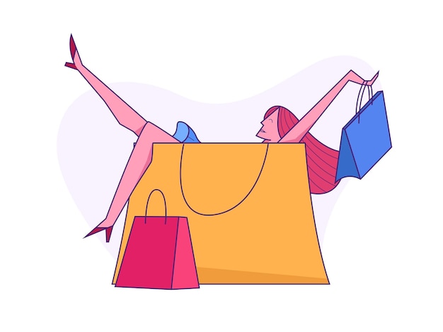Mujer sentada en una gran bolsa de compras Mujer hermosa de moda disfrutando de la ilustración de compras