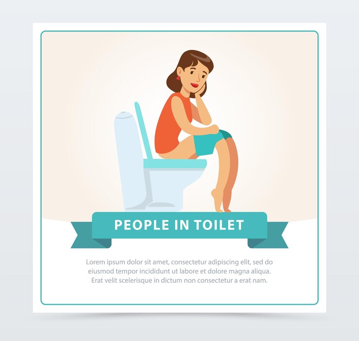 Vector mujer sentada en un inodoro procedimiento de higiene diaria gente en inodoro banner vector plano elemento de ilustración para sitio web o aplicación móvil con texto de muestra