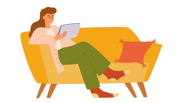 Mujer sentada con una laptop en el sofá acogedor interior escandinavo chica pasando tiempo en línea vida diaria del usuario de las redes sociales descanso en casa interior de la sala ilustración vectorial