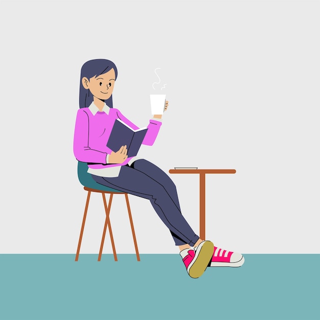 Vector mujer sentada leyendo un libro y bebiendo una ilustración de té