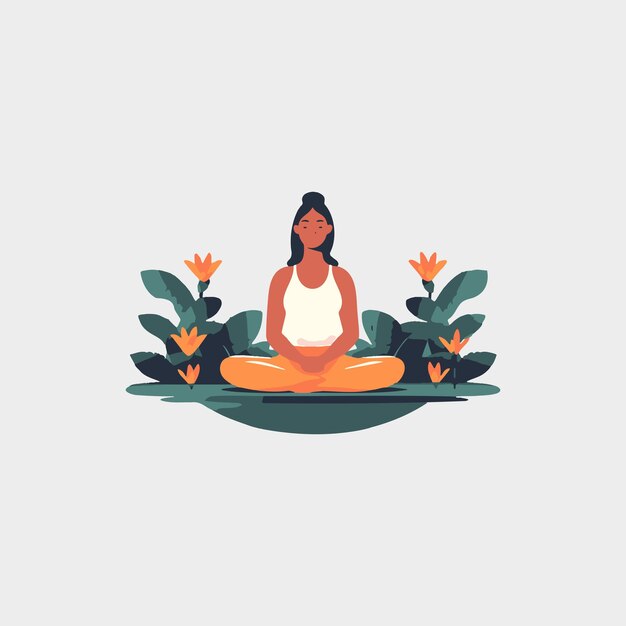 Vector mujer sentada meditando sentada en medio de la naturaleza tranquila.