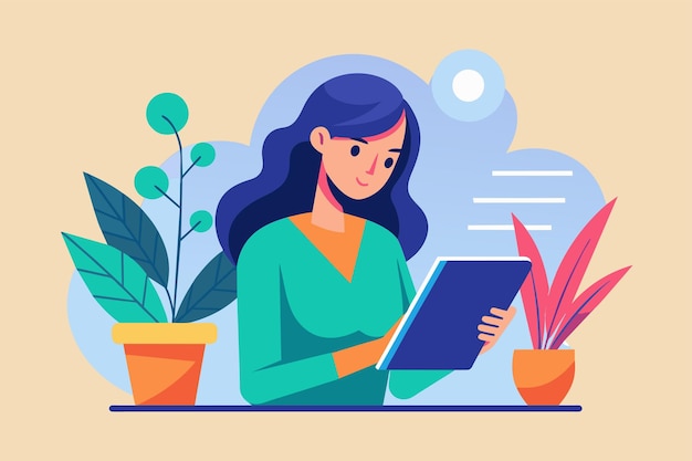 Una mujer sentada en una mesa absorta en la lectura de un libro una mujer leyendo un artículo en una tableta Ilustración vectorial plana simple y minimalista