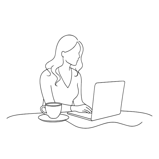 mujer sentada en una mesa centrada en su portátil ilustración vectorial de arte de línea continua