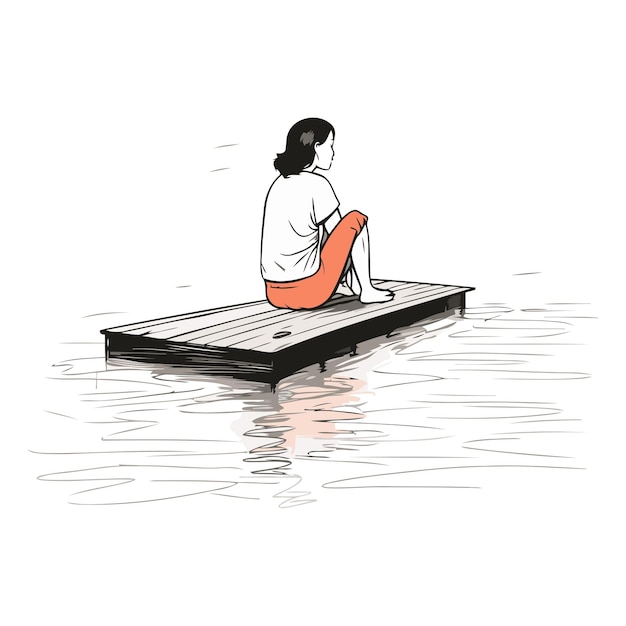 Vector mujer sentada en un muelle de madera en el agua