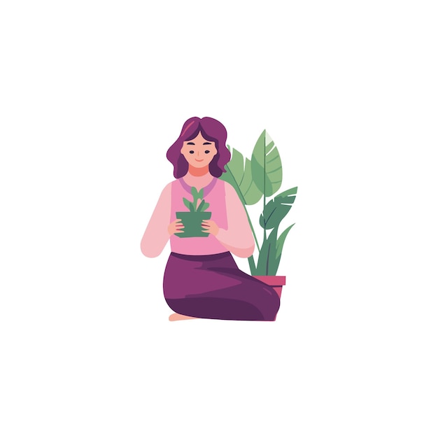 una mujer sentada en una olla con una planta en la mano