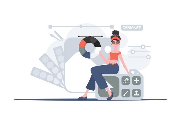 Una mujer sentada en un panel de diseño con una rueda de color en sus manos Elemento de diseño para presentación Ilustración vectorial