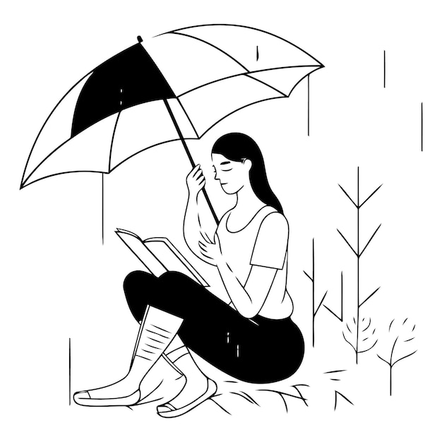 Vector mujer sentada bajo un paraguas y leyendo un libro