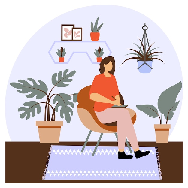 Mujer sentada en el pasillo Concepto de sofá Terraza Asiento con plantas Diseño de color vectorial Oficina verde