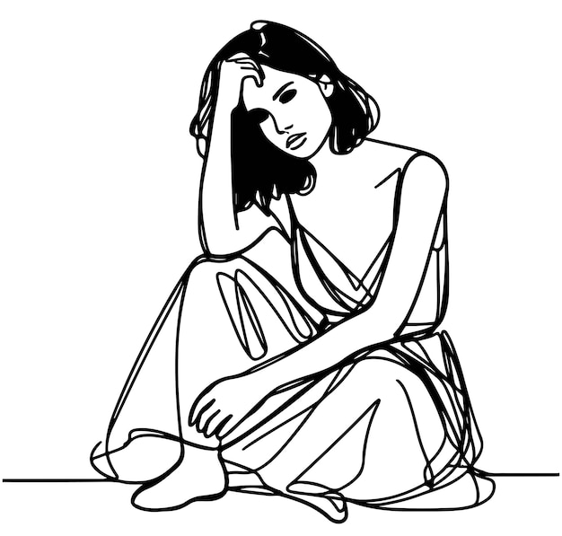 Mujer sentada y pensando dibujo psicólogo mujer triste en depresión