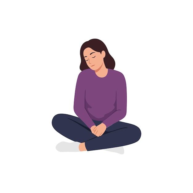 Una mujer sentada con las piernas cruzadas en el suelo en un espacio acogedor con un suéter púrpura y pantalones oscuros ilustración vectorial minimalista que muestra la calma y la serenidad en el momento