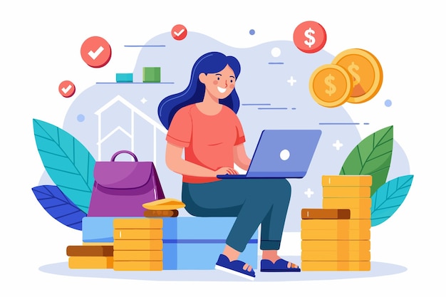 Vector una mujer está sentada en una pila de dinero mientras trabaja en una computadora portátil haciendo compras en línea una mujer sentada en monedas está haciendo compras en internet ilustración vectorial plana simple y minimalista