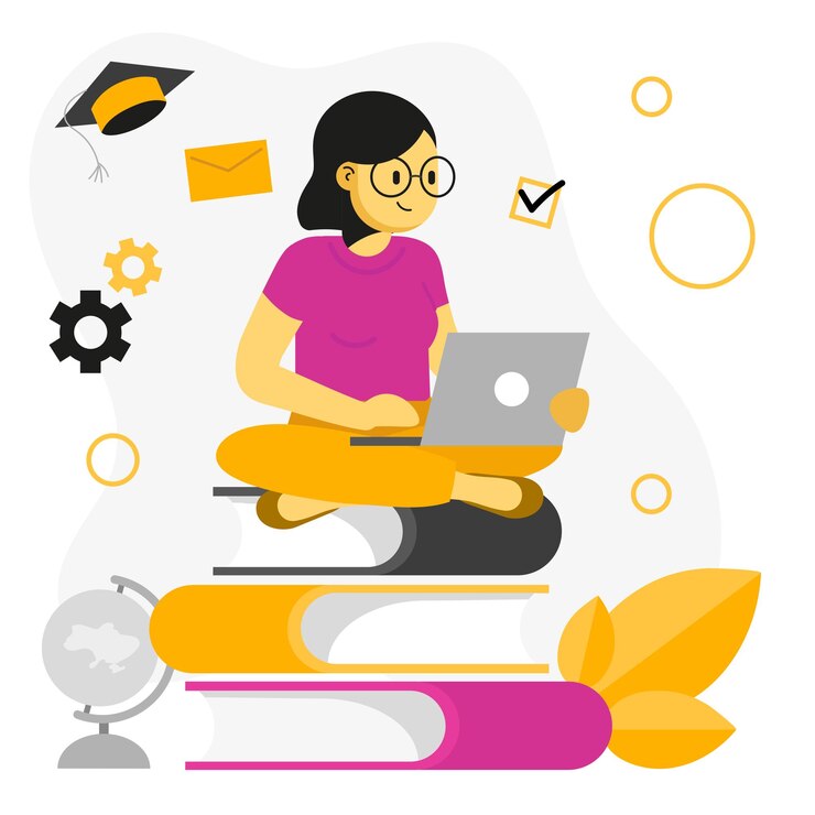 Vector mujer sentada en una pila de libros con computadora portátil concepto de educación en línea