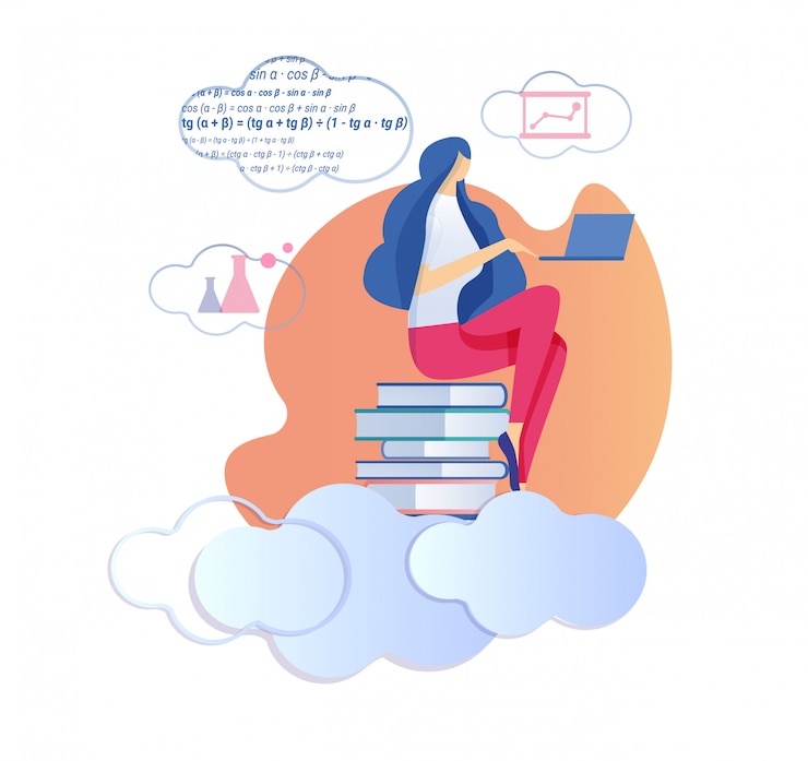 Vector mujer sentada en la pila de libros, estudio de matemáticas