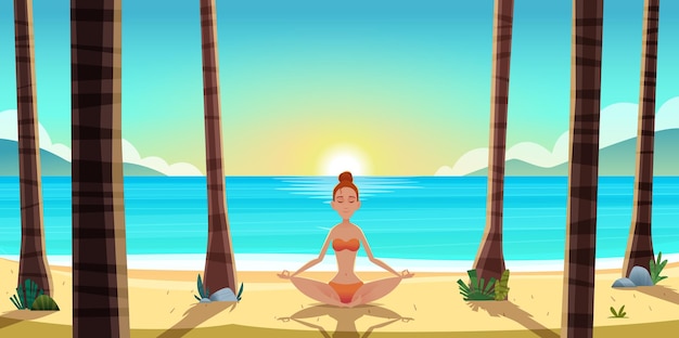 Vector mujer sentada en la playa junto al mar y relajándose en yoga mujer meditando en posición de loto en la playa de arena