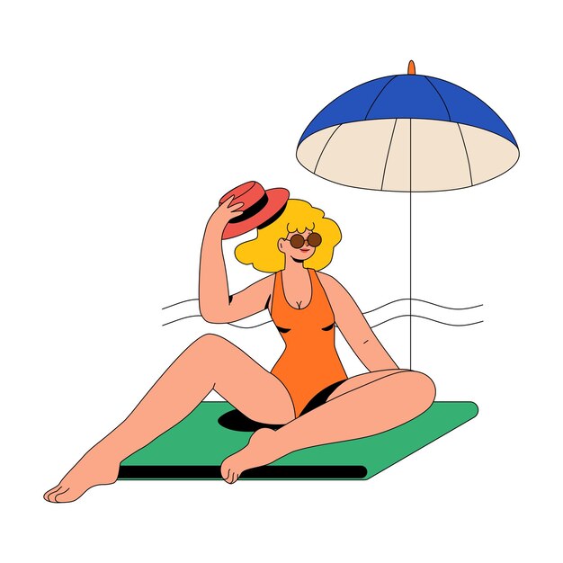 Mujer sentada en la playa bajo un paraguas