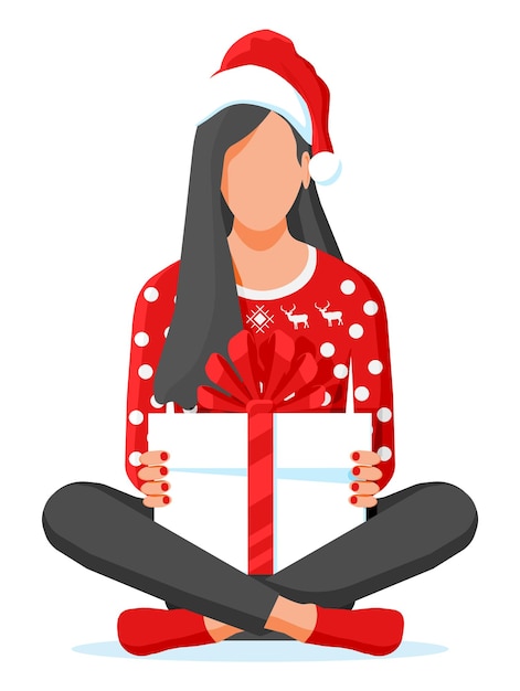 Vector mujer sentada, pose de loto, tenencia, caja de regalo, personaje femenino con las piernas cruzadas, con, regalo de navidad, feliz año nuevo, decoración, feliz navidad, feriado, navidad, celebración, plano, vector, ilustración
