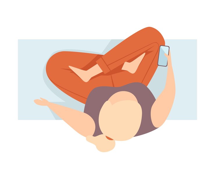 Vector mujer sentada en posición de loto en el banco con una ilustración vectorial plana de teléfono móvil